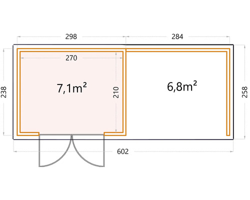 Grundriss eines Gartenhauses mit Flächenangaben und Abmessungen