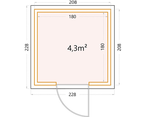 Grundrisszeichnung eines Gartenhauses mit einer Fläche von 4,3 Quadratmetern und einer Tür