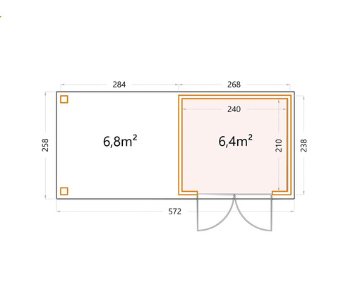 Grundrisszeichnung eines Gartenhauses mit Maßangaben