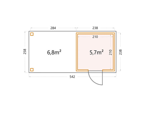 Grundriss eines Gartenhauses mit den Maßen 542 mal 258 Zentimeter