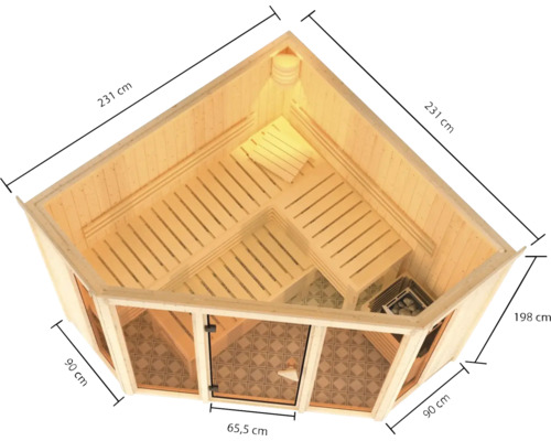 Draufsicht einer Ecksauna aus Holz mit den Maßen 231 cm mal 231 cm