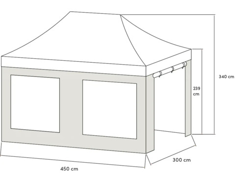 Darstellung eines Pavillons mit Maßangaben von 450 cm Länge, 300 cm Breite und 340 cm Höhe