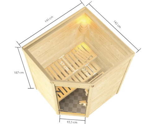 Draufsicht einer Ecke Sauna aus Holz mit Maßangaben