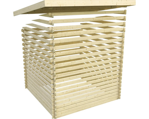Holzunterstand mit Dachkonstruktion aus Holzlatten
