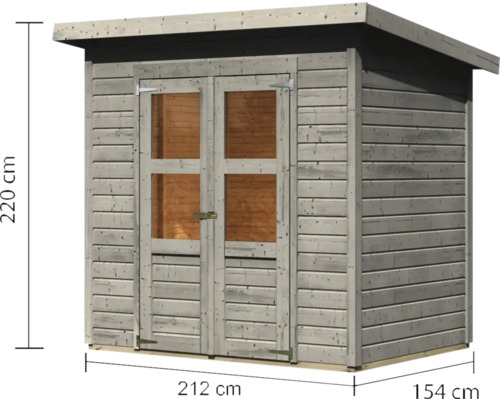 Holzgartenhaus mit Doppeltür und Maßangaben