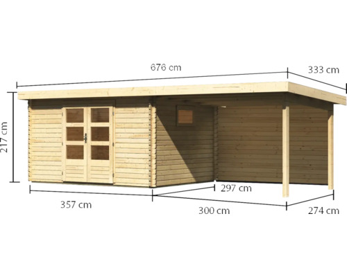Holzgartenhaus mit den Maßen 676 cm mal 333 cm und einer Höhe von 217 cm