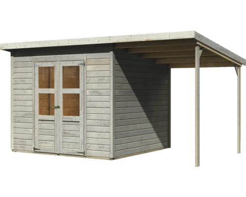 Holzgartenhaus mit Doppeltür und seitlichem Anbau