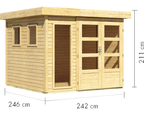 Holzgartenhaus mit Tür, Fenstern und den Maßen 246 cm x 242 cm x 211 cm