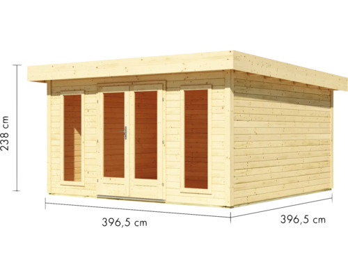 Gartenhaus aus Holz mit einer Höhe von 238 Zentimeter und einer Breite von 396,5 Zentimeter