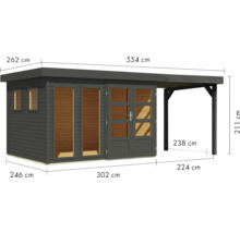Abbildung eines Gartenhauses aus Holz mit den Massen 262 cm Höhe, 554 cm Breite, 246 cm Tiefe, 302 cm Breite des Anbaus und 224 cm Tiefe des Anbaus.