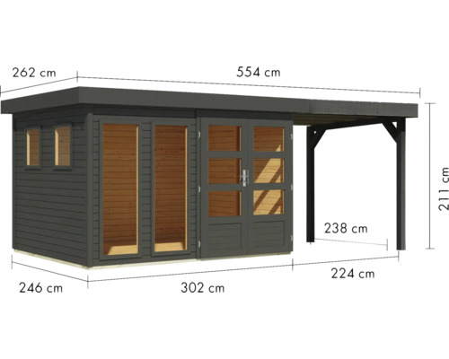 Abbildung eines Gartenhauses aus Holz mit den Massen 262 cm Höhe, 554 cm Breite, 246 cm Tiefe, 302 cm Breite des Anbaus und 224 cm Tiefe des Anbaus.