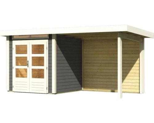 Holzgartenhaus mit Doppeltür und offenem Anbau