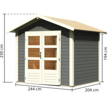 Gartenhaus aus Holz mit Doppeltür und Größenangaben 230 cm Höhe, 244 cm Breite und 204 cm Tiefe