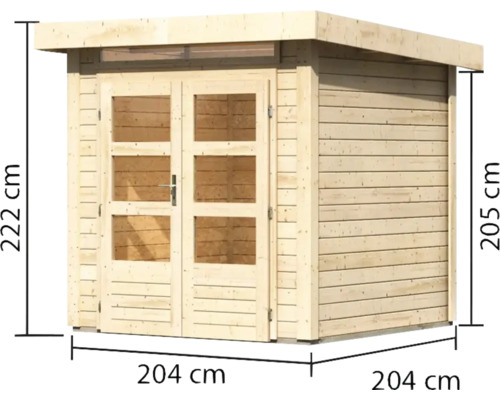 Holzgartenhaus mit Doppeltür und Größenangaben