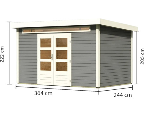 Gartenhaus mit Doppeltür, Fenster und den Maßen 364 mal 244 mal 222 Zentimeter