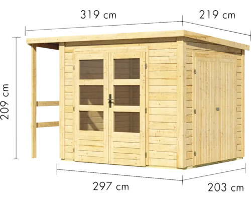 Gartenhaus aus Holz mit Anbau und Maßangaben