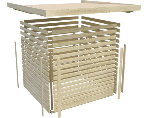 Holzkonstruktion eines Gartenhauses im Aufbau