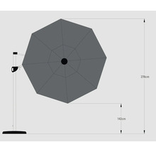 Illustration eines Sonnenschirms mit Seitenmast und Maßangaben