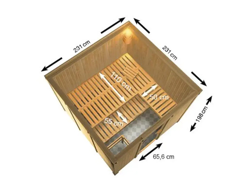 Innenansicht einer Sauna mit Maßangaben