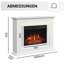 Abmessungen eines weißen Elektrokamins mit simuliertem Feuer und Holzscheiten