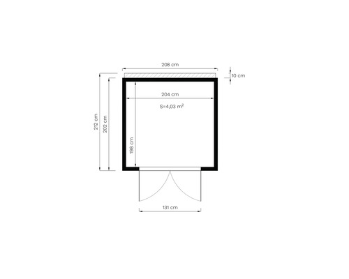 Grundrisszeichnung mit Abmessungen: 208 cm Breite, 212 cm Höhe, Fläche 4,03 Quadratmeter