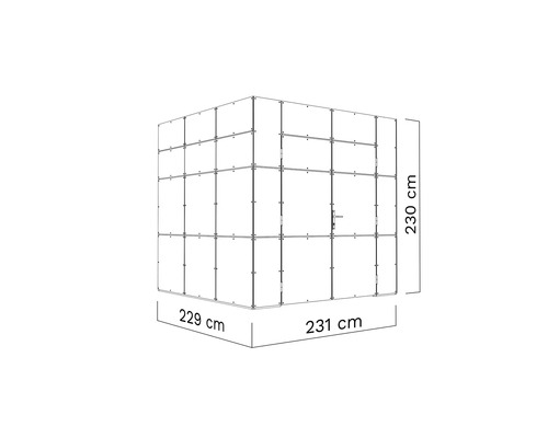 Technische Zeichnung einer Kabine mit Maßangaben: 229 Zentimeter, 231 Zentimeter und 230 Zentimeter.