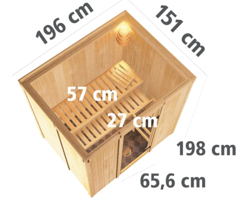 Illustration einer Sauna mit Maßen.