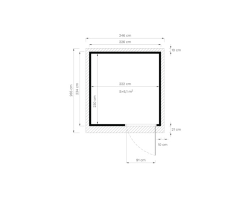 Technische Zeichnung mit Maßangaben zu einem Gartenhaus