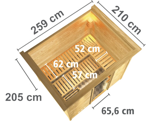 Abmessungen einer Holzsauna: 259 cm breit, 205 cm hoch, 210 cm tief