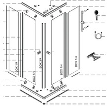 Explosionszeichnung einer Eckdusche mit Zubehör