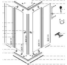 Explosionszeichnung einer Duschkabine mit Beschlägen und Montagezubehör
