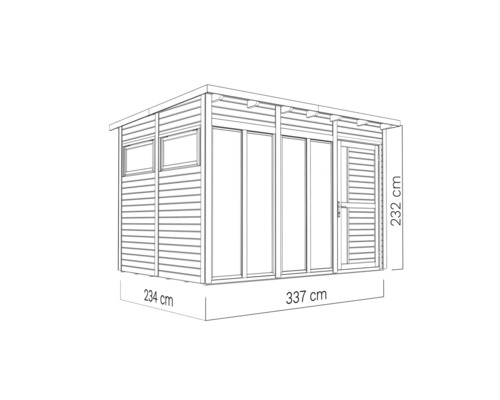 Illustration eines Gartenhauses mit den Maßen 234 Zentimeter mal 337 Zentimeter mal 232 Zentimeter.