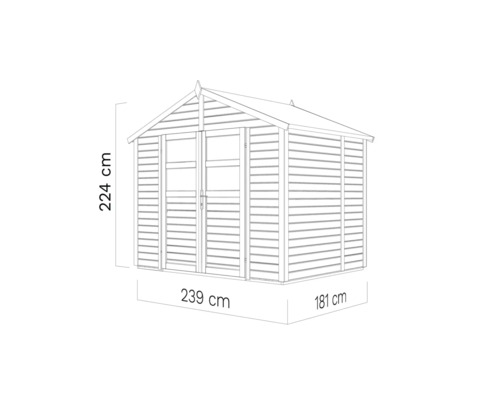 Abbildung eines Gartenhauses mit den Maßen 224 cm Höhe, 239 cm Breite und 181 cm Tiefe.