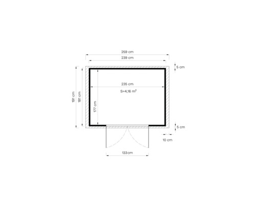 Grundrisszeichnung mit den Maßen 259 mal 191 Zentimeter
