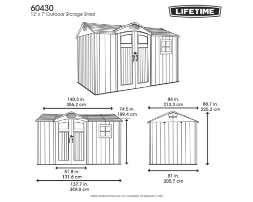 Abmessungen eines Gerätehauses mit einer Größe von 12 x 7 Fuß mit Tür und Fenster, dargestellt in Millimetern und Zentimetern