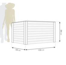 Illustration einer Aufbewahrungsbox mit den Maßen 130 cm Breite, 65 cm Tiefe und 84 cm Höhe