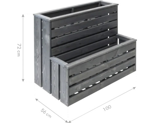 Gestufte Pflanzkiste aus Holz, 72 cm hoch, 56 cm breit und 100 cm lang