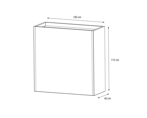 Illustration eines Pflanzgefäßes mit den Maßen 100 cm x 115 cm x 40 cm