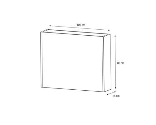 Illustration einer Pflanzkasten-Ansicht mit den Maßen 100, 80 und 25 Zentimeter.