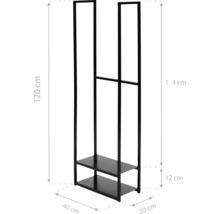 Kleiderständer mit zwei Regalböden und den Maßen 120 cm Höhe, 40 cm Breite und 20 cm Tiefe.