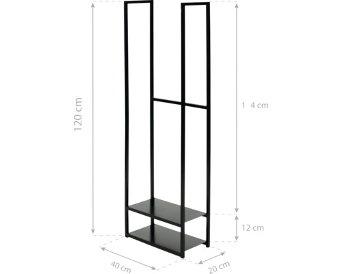 Kleiderständer mit zwei Regalböden und den Maßen 120 cm Höhe, 40 cm Breite und 20 cm Tiefe.