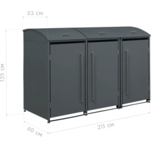 Graue Mülltonnenbox mit drei Fächern und Maßangaben