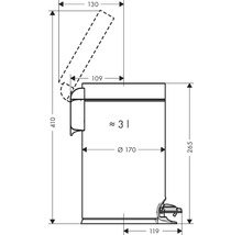 Technische Zeichnung eines Treteimer mit einem Fassungsvermögen von circa drei Liter mit Maßangaben