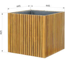 Quadratischer Pflanzkübel aus Holz mit den Maßen 445 x 445 x 425 mm.