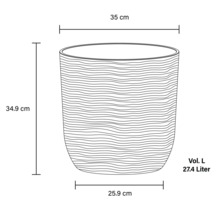 Skizze eines Pflanzgefäßes mit den Maßen 35 cm Breite, 34,9 cm Höhe und einem Volumen von 27,4 Litern
