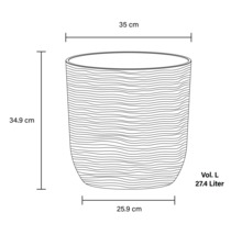 Technische Zeichnung eines Pflanzgefäßes mit den Maßen 34,9 cm Höhe, 35 cm Durchmesser oben, 25,9 cm Durchmesser unten und einem Volumen von 27,4 Litern
