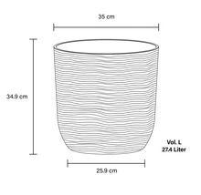 Abbildung eines Pflanzgefäßes mit den Maßen 35 cm Breite, 34,9 cm Höhe, 25,9 cm Tiefe und einem Volumen von 27,4 Litern.