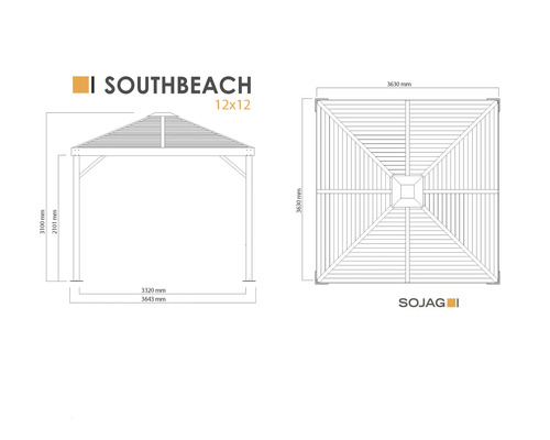 Technische Zeichnung eines Southbeach Pavillons mit Maßangaben