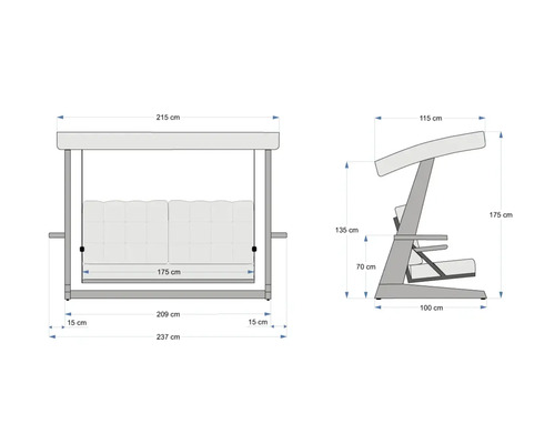 Technische Zeichnung einer Hollywoodschaukel mit Maßangaben