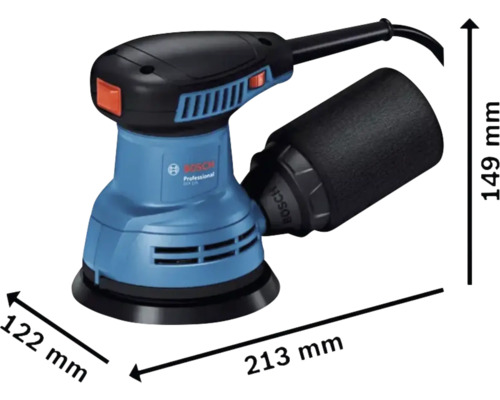 Bosch Exzenterschleifer mit den Maßen 122 mm, 149 mm und 213 mm